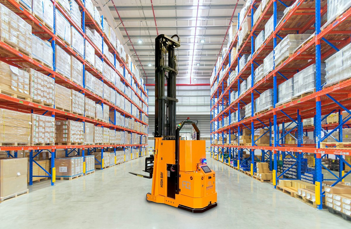 AutoGuide Max-N High Bay autonomous forklift operating in a high bay warehouse aisle