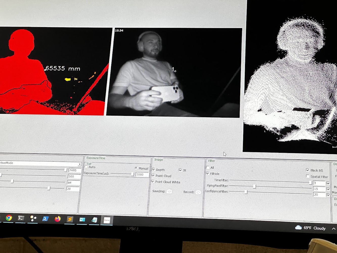 Intel RealSense viewer showing depth, infrared, and point-cloud streams of a person